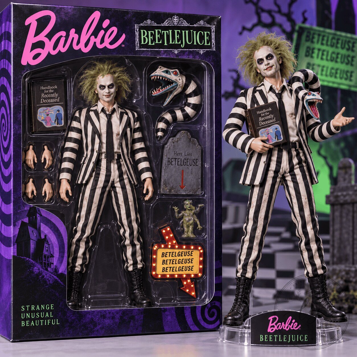 Beetlejuice Barbie Collector Edition Action Figure with Handbook for the Recently Deceased