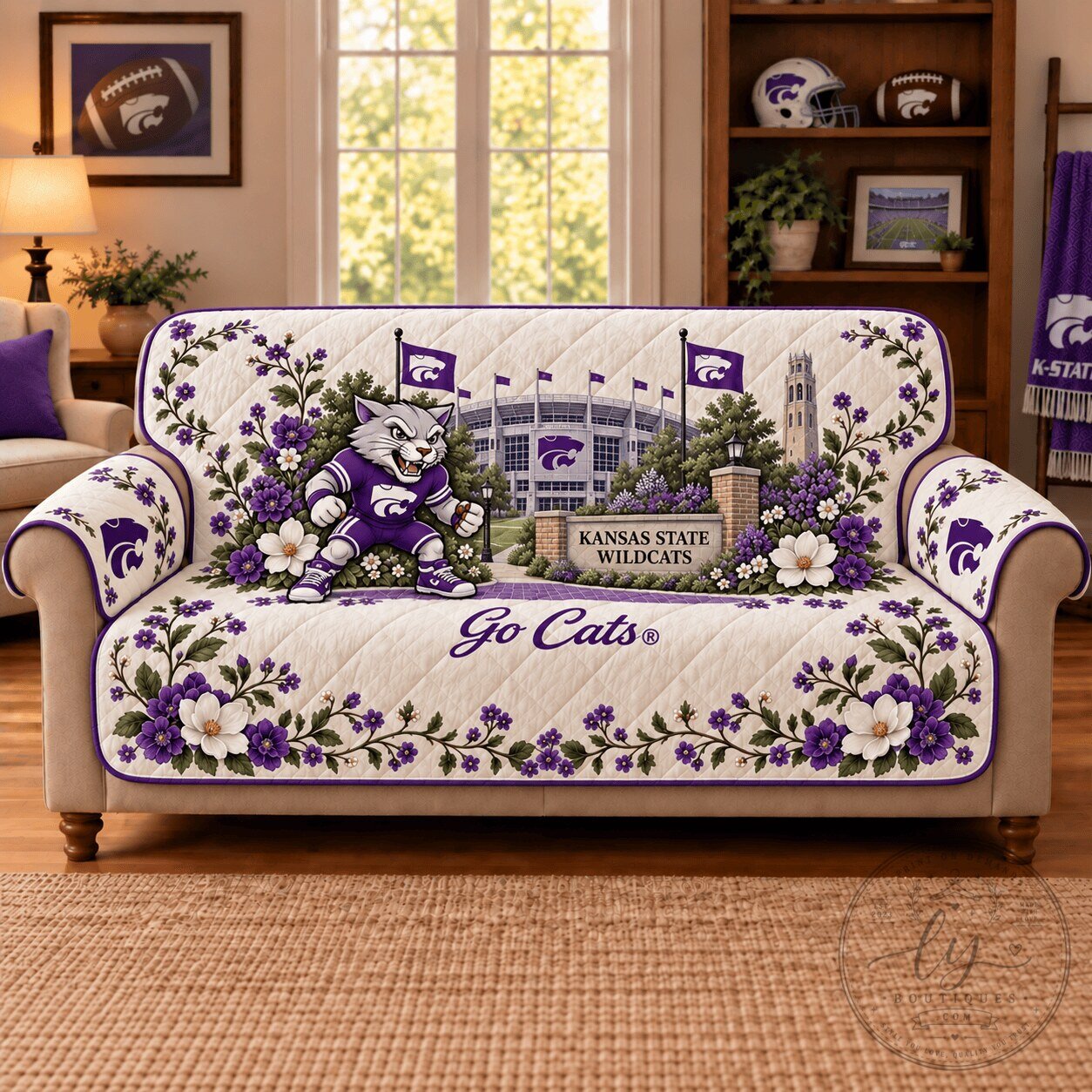 Kansas State Wildcats Stadium and Mascot Floral Quilted Sofa Cover