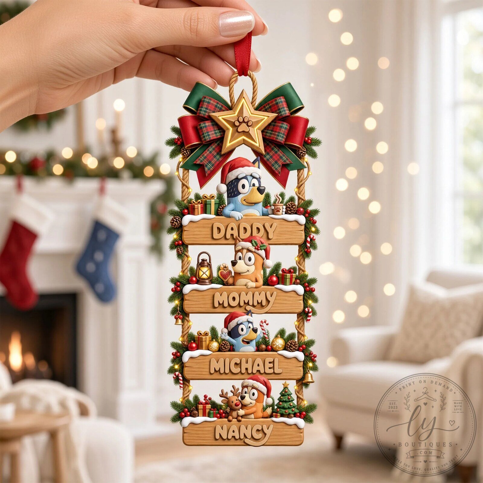 Bluey Family Christmas Tree Ornament Personalized with Names and Characters