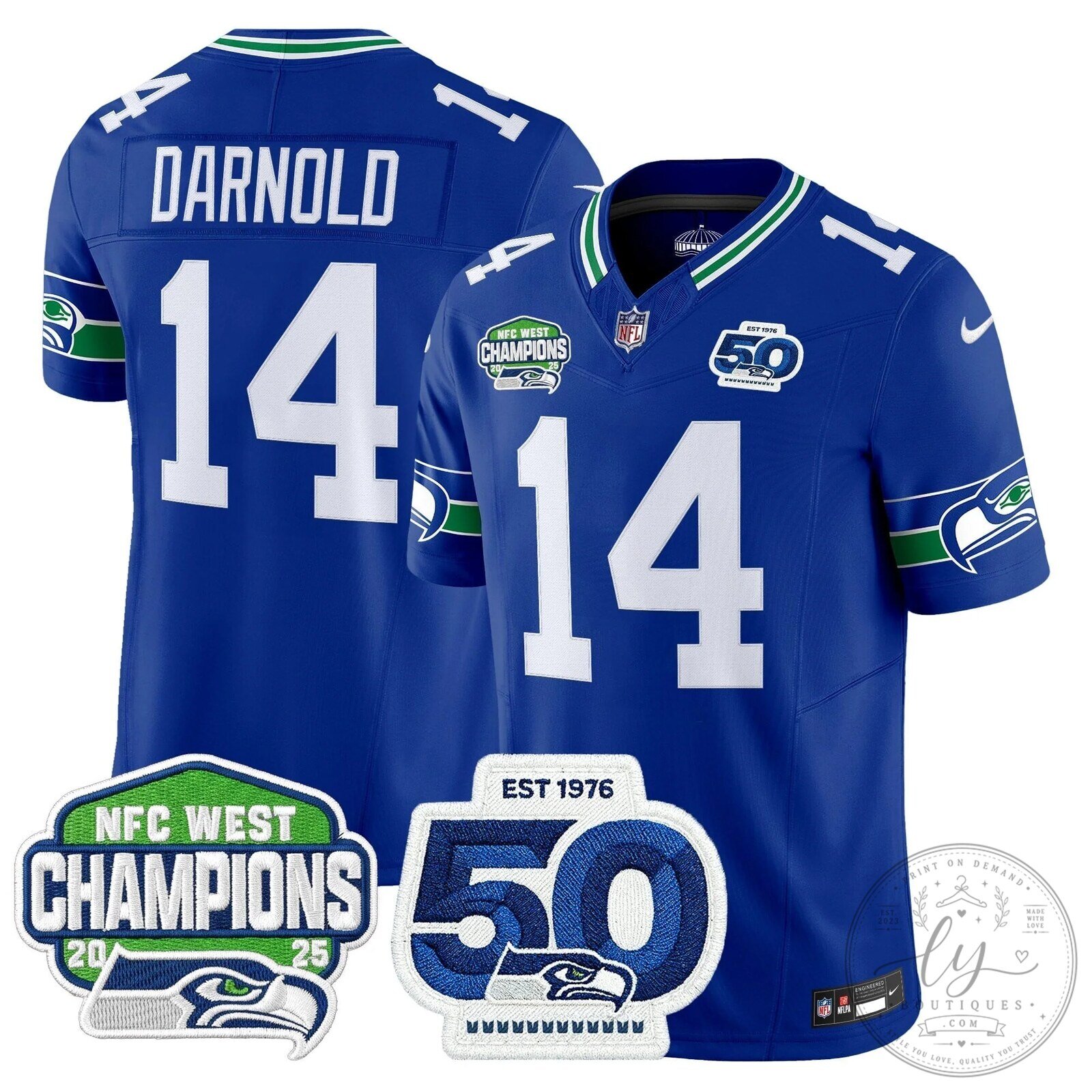 NFC West Champions 2025 Seattle Seahawks Sam Darnold Number 14 Football Jersey
