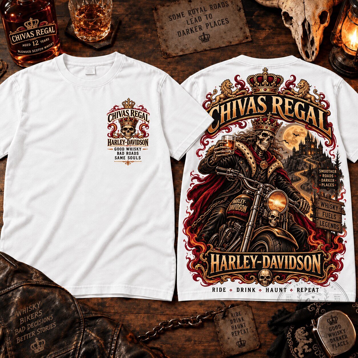 Harley Davidson Chivas Regal Crown Skeleton Rider Graphic T-Shirt
