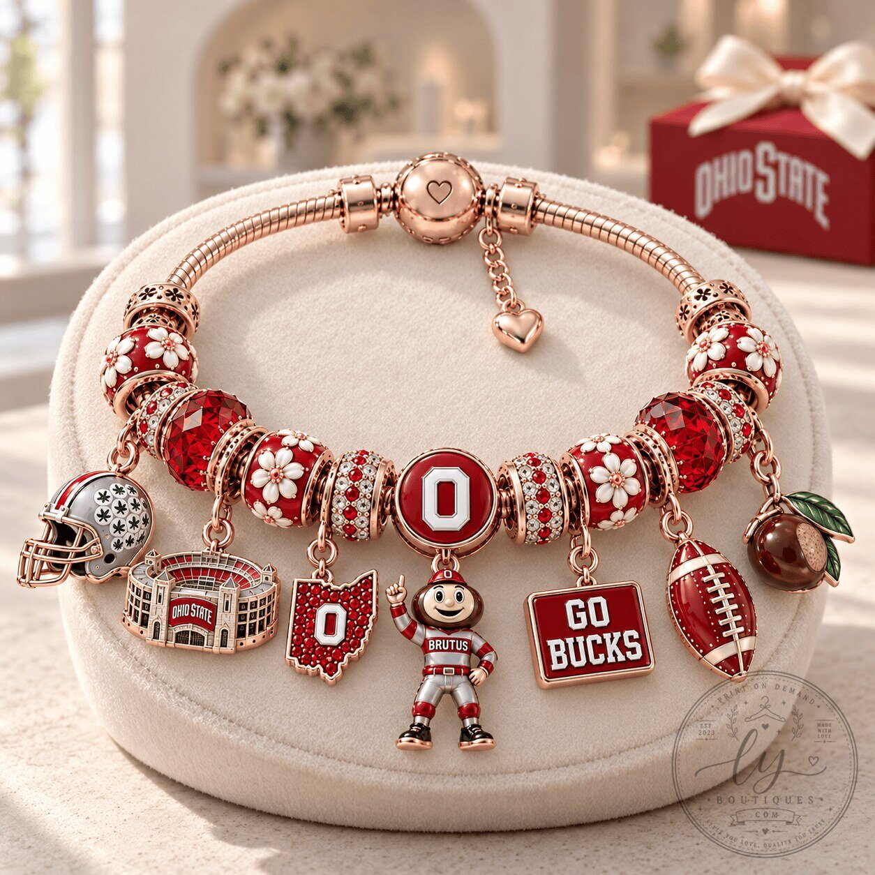 Ohio State Buckeyes Brutus Charm Bracelet with Football and Stadium Charms