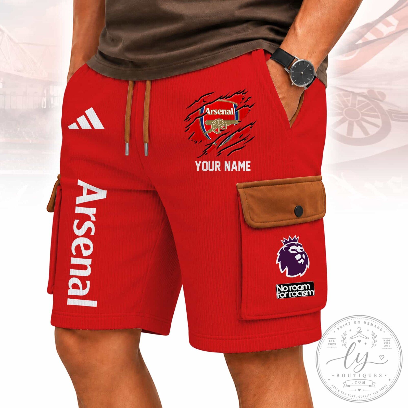 Men's Red Cargo Shorts with Personalized Arsenal Football Club Design