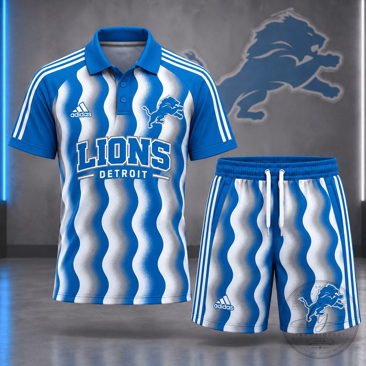Detroit Lions Blue Wavy Stripes Polo Shirt and Shorts Set