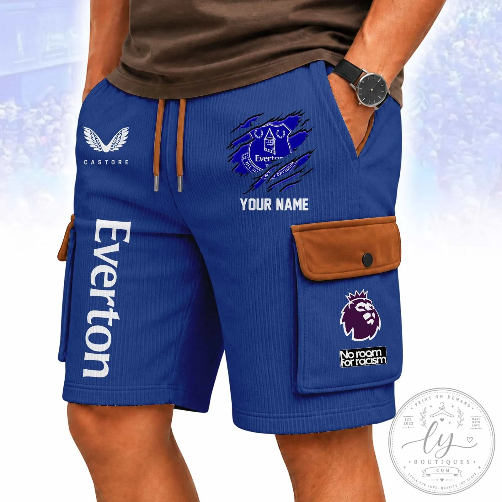 Personalized Blue Cargo Shorts for Everton Football Club Fans