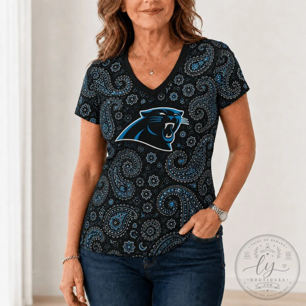 Carolina Panthers NFL Paisley Boho V-Neck T-Shirt for Women 26 Carolina Panthers NFL Paisley Boho V-Neck T-Shirt for Women