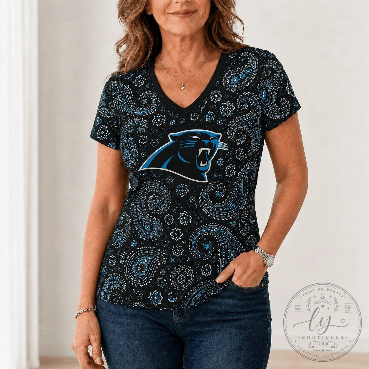 Carolina Panthers NFL Paisley Boho V-Neck T-Shirt for Women 2 Carolina Panthers NFL Paisley Boho V-Neck T-Shirt for Women