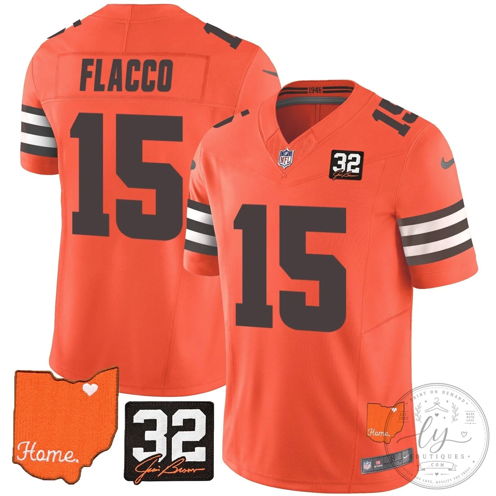 Jim Brown Memorial Home Patch Football Jersey for Cleveland Browns