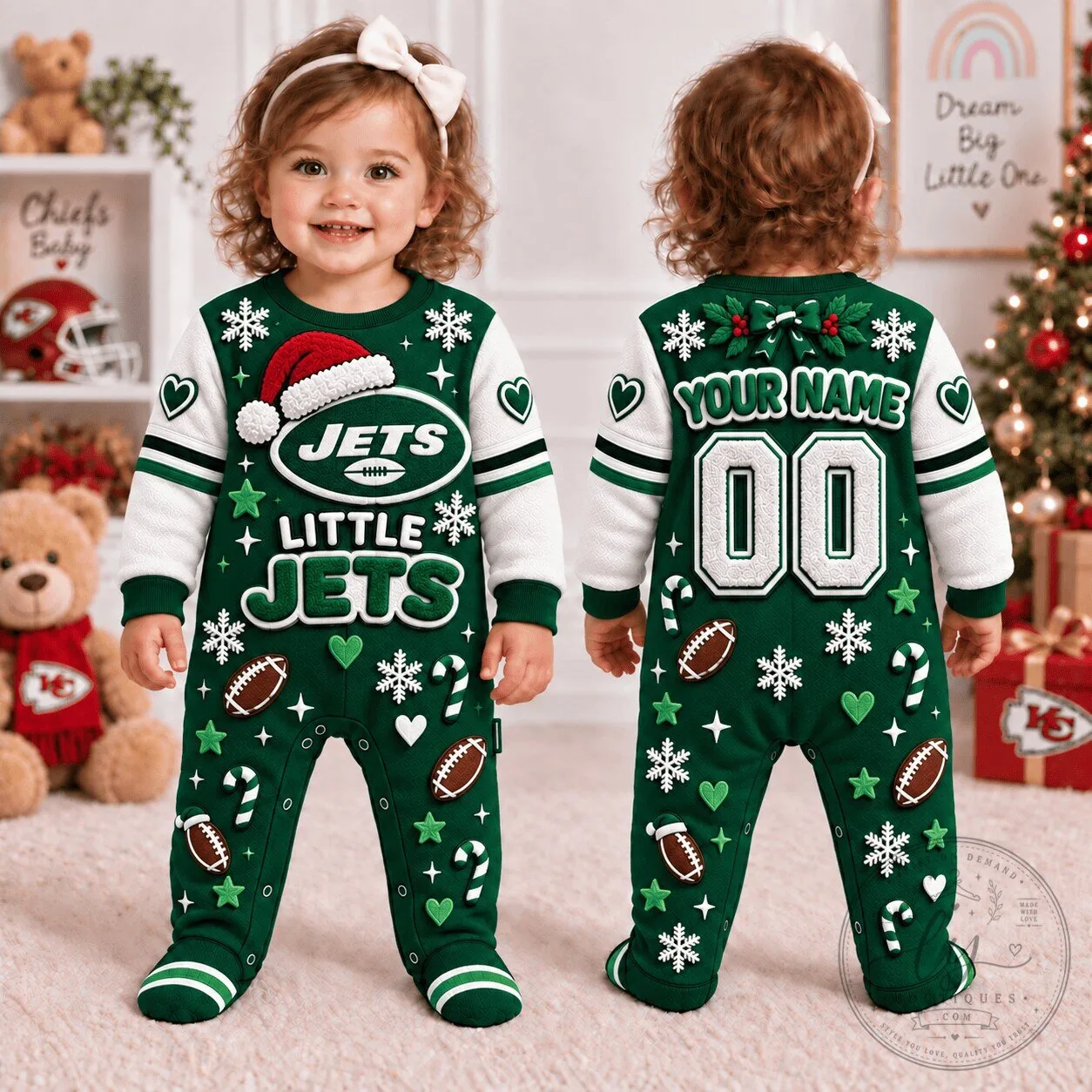New York Jets Christmas Baby Footed Onesie with Custom Name and Number