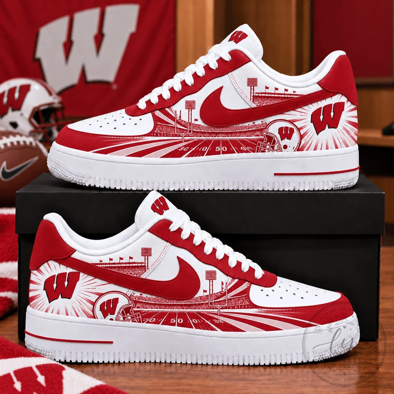 Wisconsin Badgers Football Stadium Custom Print White and Red Sneakers