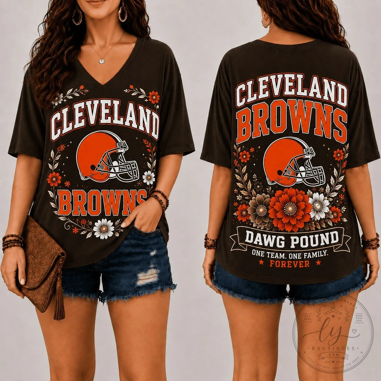 Cleveland Browns Shirt Floral Dawg Pound One Team One Family Forever V-Neck T-Shirt