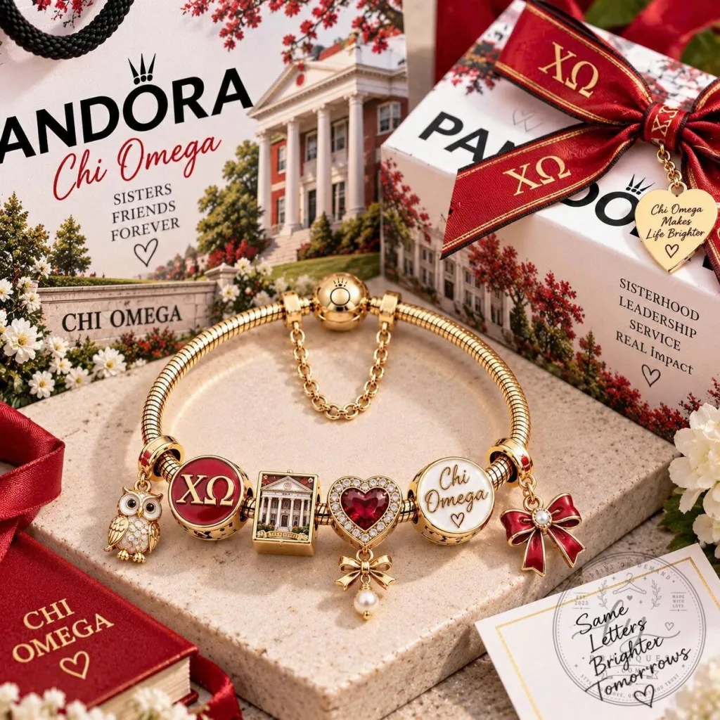 Chi Omega Sorority Gold Charm Bracelet with Owl and Heart Charms Chi Omega Sorority Gold Charm Bracelet with Owl and Heart Charms