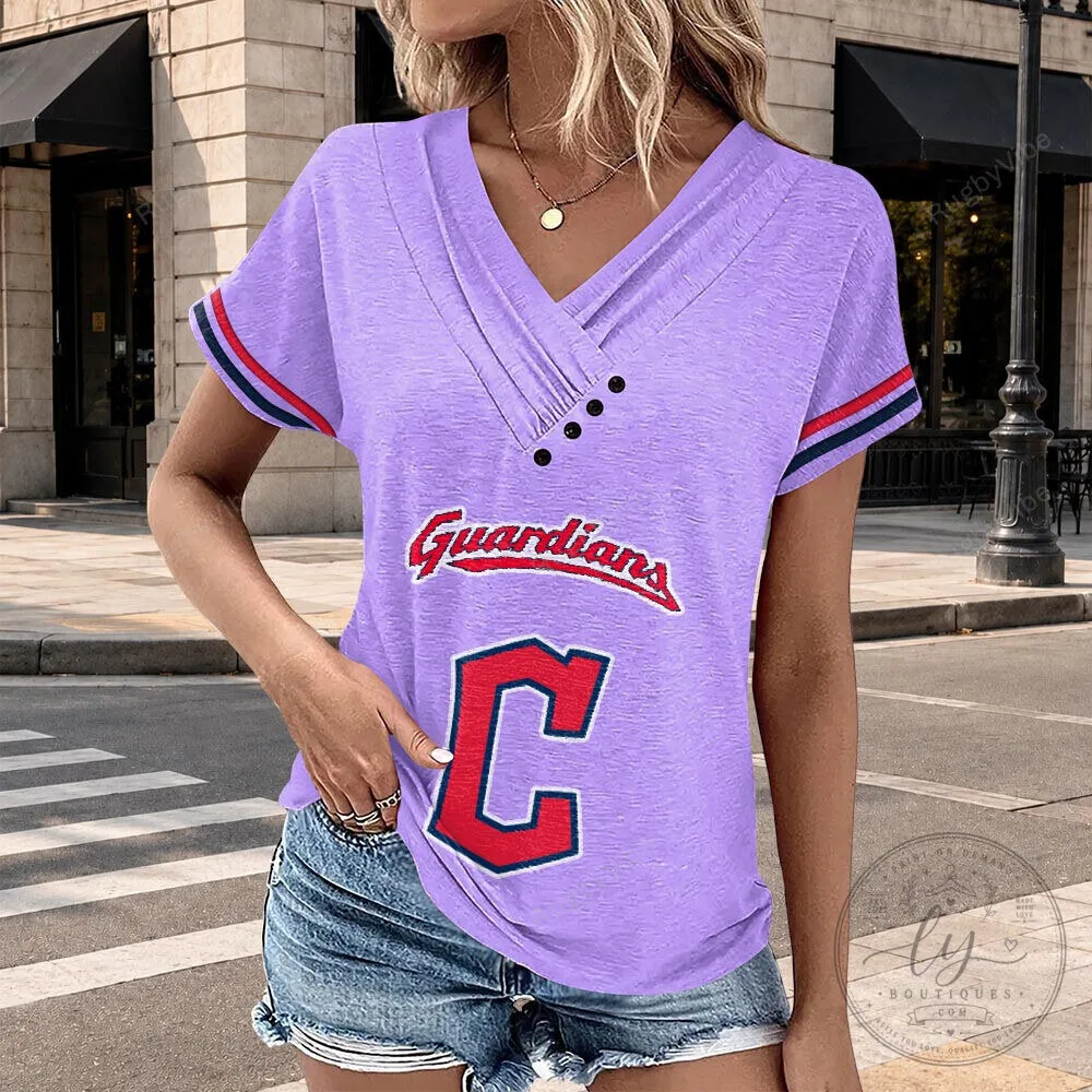 Cleveland Guardians Baseball Team Purple V-Neck Short Sleeve T-Shirt