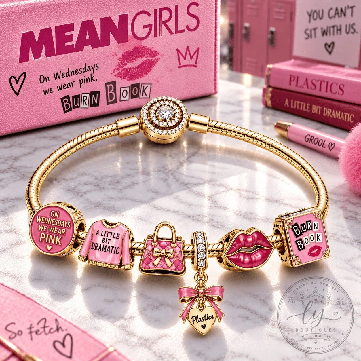 Mean Girls Gold Charm Bracelet Set with Burn Book and Plastics Charms