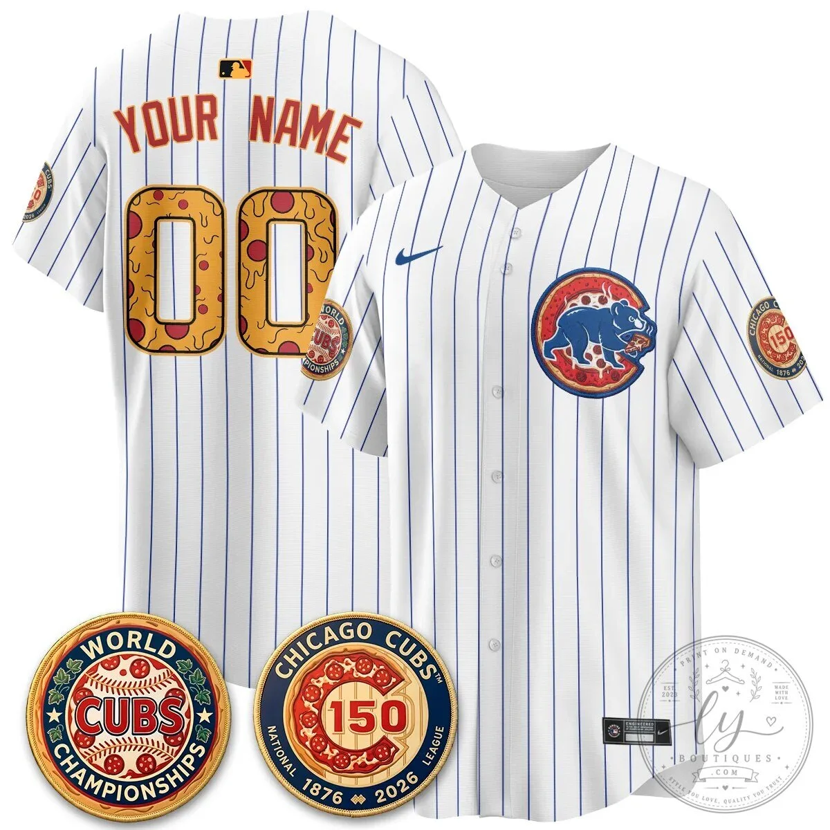 Custom Name and Number Chicago Cubs Baseball Jersey Featuring Deep Dish Pizza Design