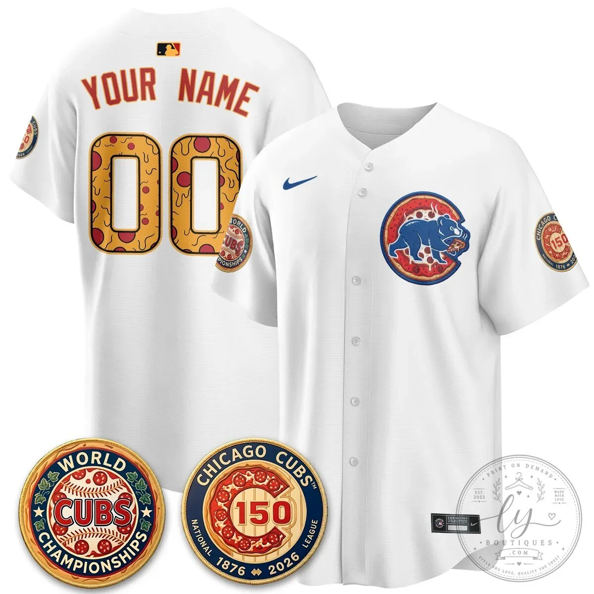 Custom Name and Number Chicago Cubs Baseball Jersey Featuring Deep Dish Pizza Design 9 Custom Name and Number Chicago Cubs Baseball Jersey Featuring Deep Dish Pizza Design