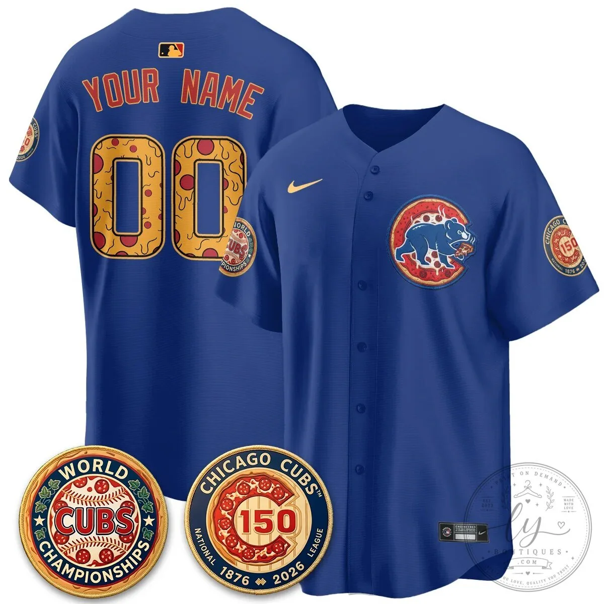 Custom Name and Number Chicago Cubs Baseball Jersey Featuring Deep Dish Pizza Design 10 Custom Name and Number Chicago Cubs Baseball Jersey Featuring Deep Dish Pizza Design