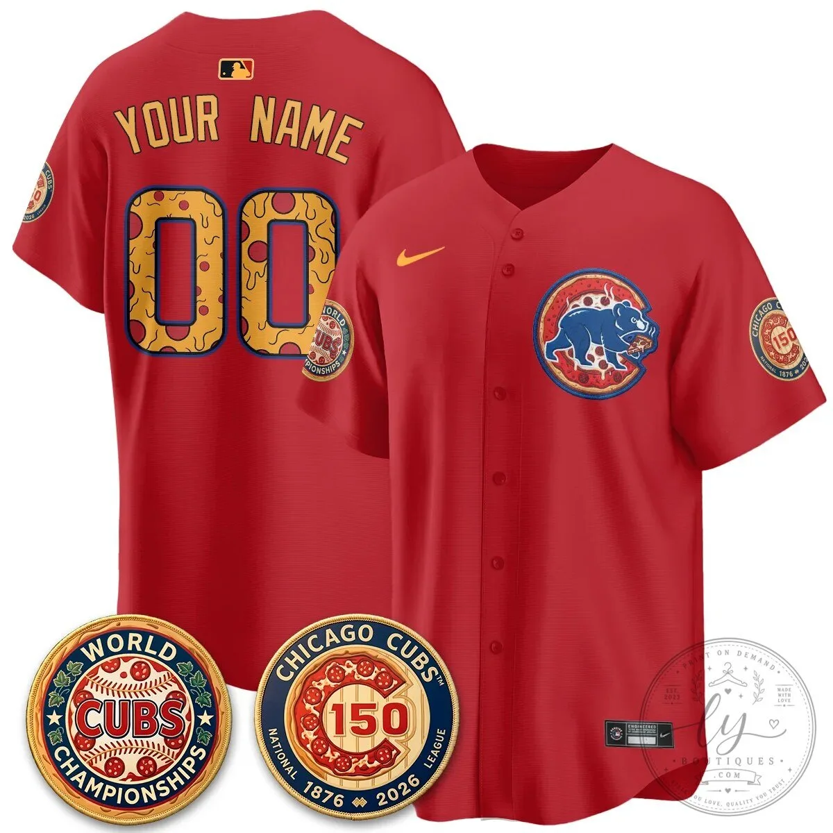 Custom Name and Number Chicago Cubs Baseball Jersey Featuring Deep Dish Pizza Design 11 Custom Name and Number Chicago Cubs Baseball Jersey Featuring Deep Dish Pizza Design