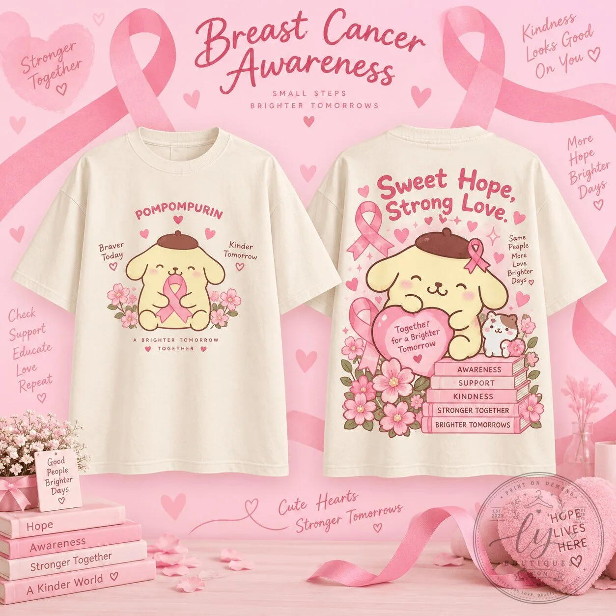 Pompompurin Sweet Hope Strong Love Breast Cancer Awareness T-Shirt