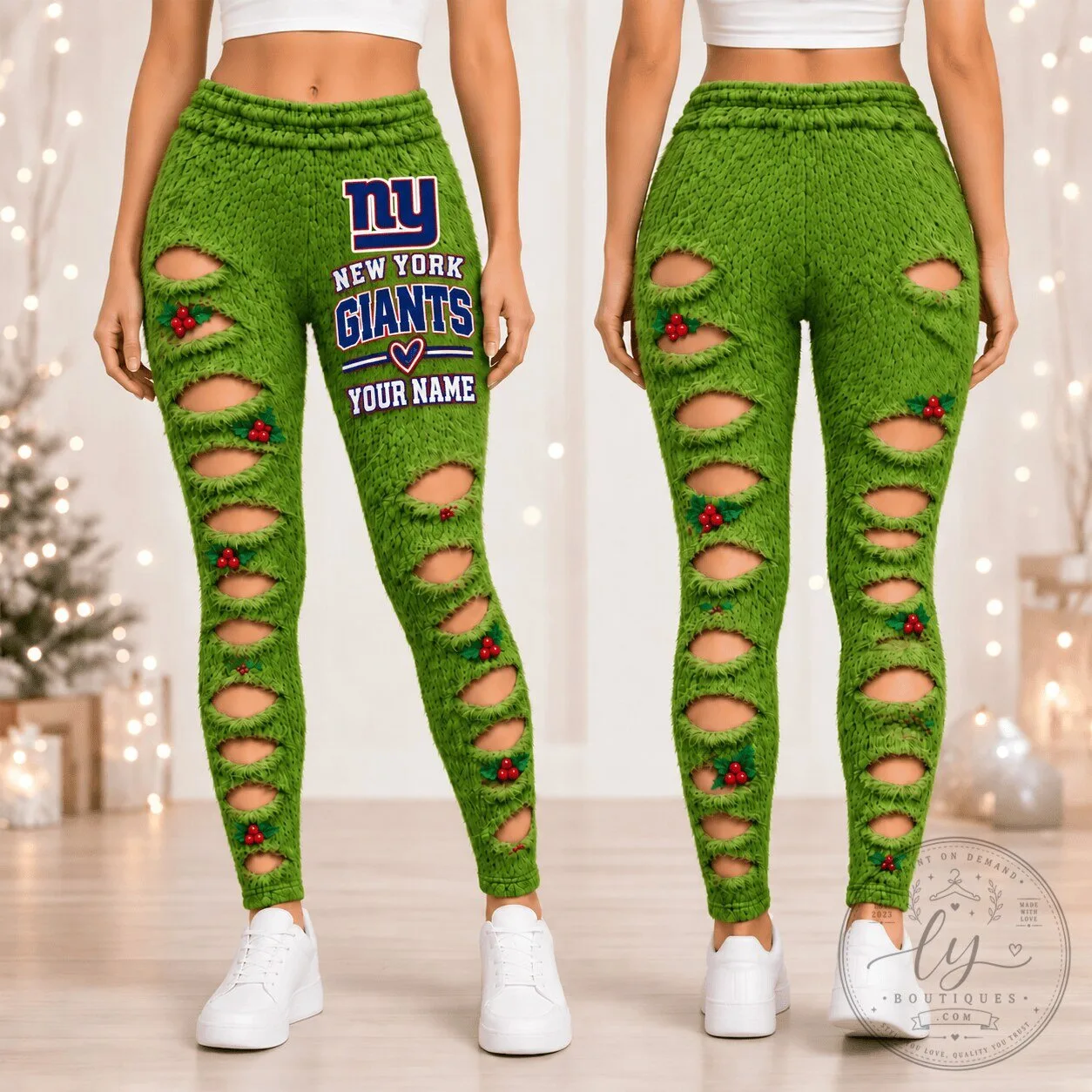 New York Giants NFL Green Grinch Style Distressed Custom Name Leggings