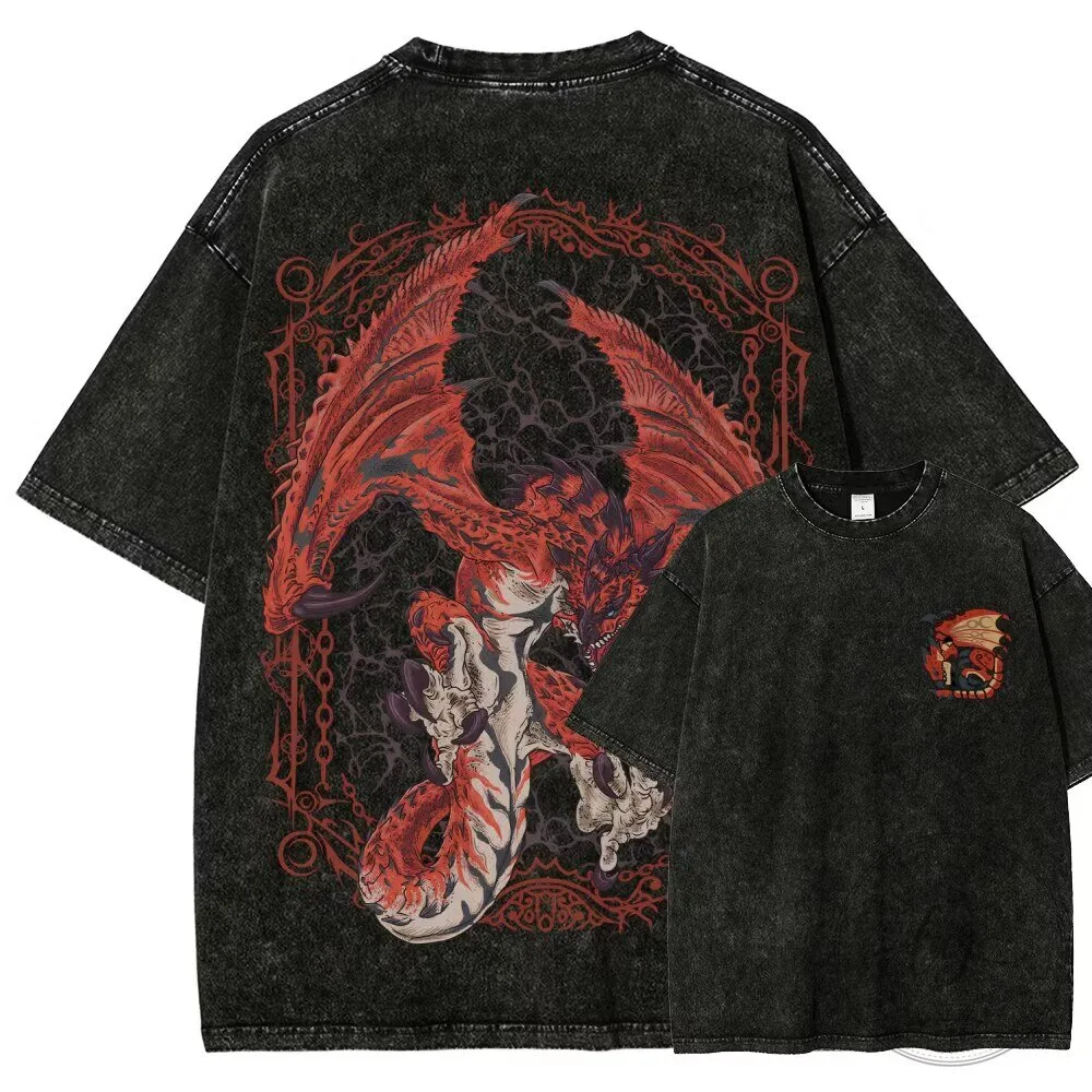 Monster Hunter Rathalos Dragon Washed Black Graphic T-Shirt