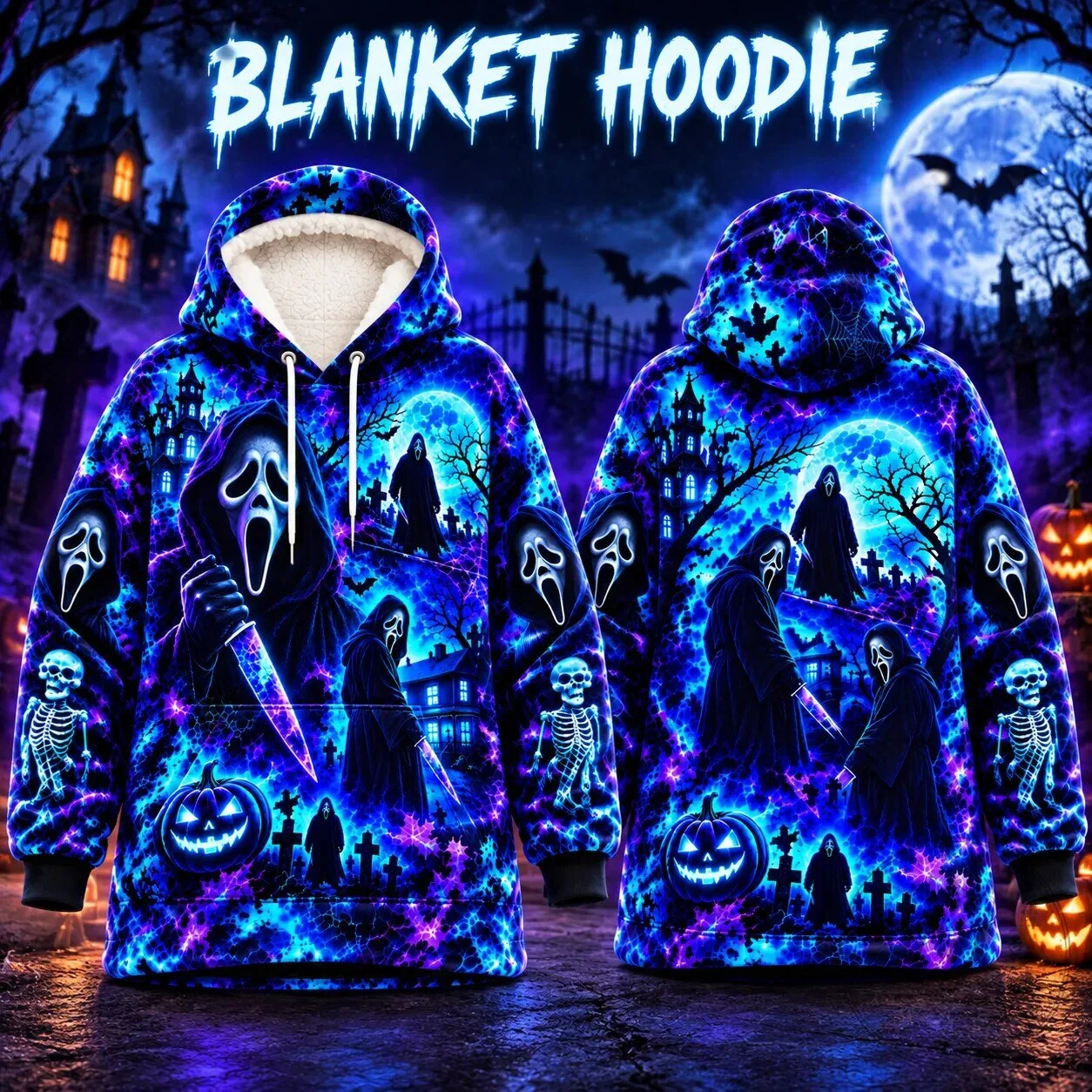 Scream Ghostface Halloween Neon Horror Movie Blanket Hoodie