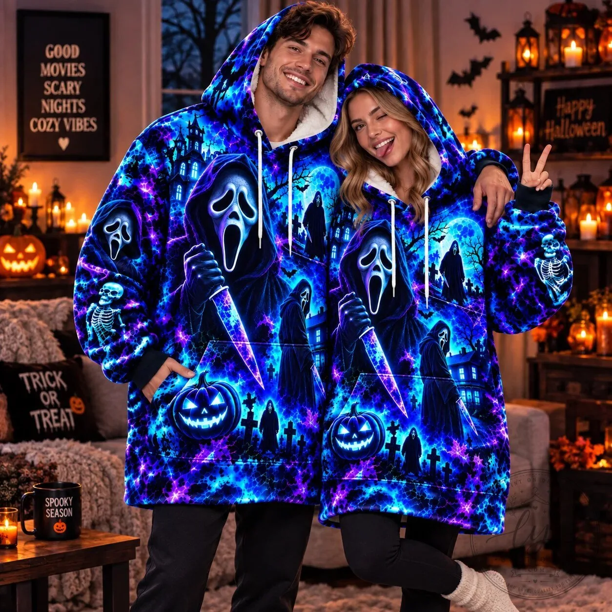 Scream Ghostface Halloween Neon Horror Movie Blanket Hoodie 9 Scream Ghostface Halloween Neon Horror Movie Blanket Hoodie