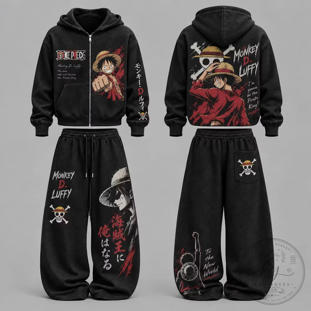 One Piece Monkey D. Luffy Pirate King Anime Zip-Up Hoodie and Pants Set