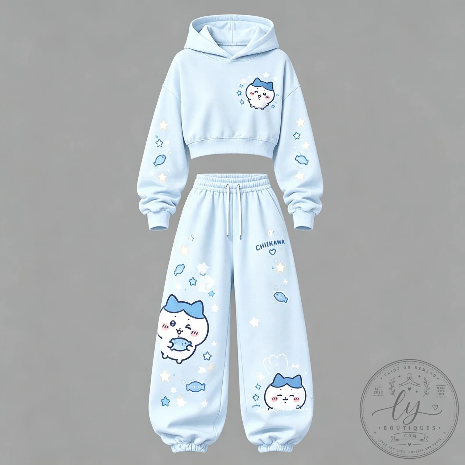 Chiikawa Anime Character Cropped Hoodie and Jogger Pants Set