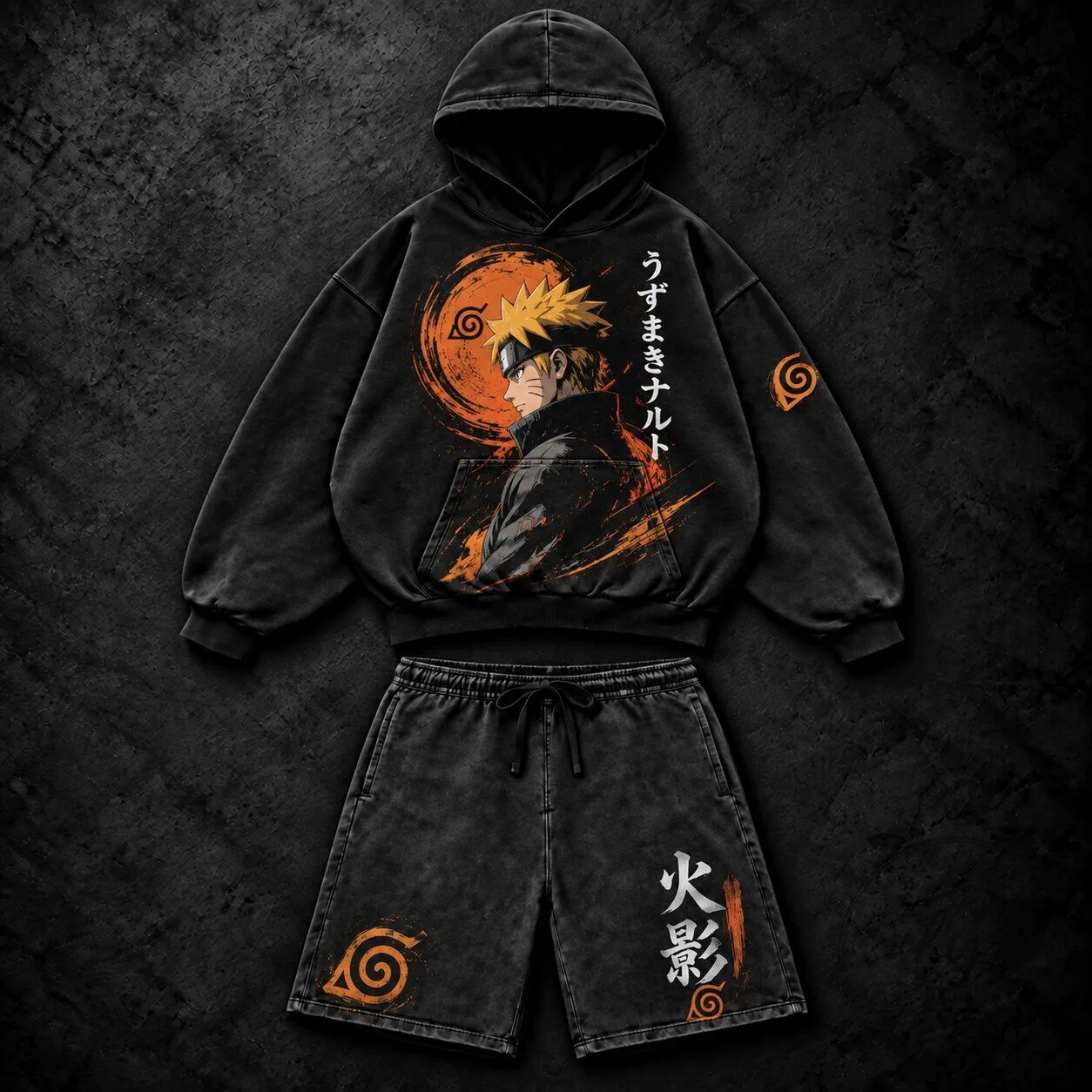 Naruto Uzumaki Anime Character Distressed Black Hoodie and Shorts Set