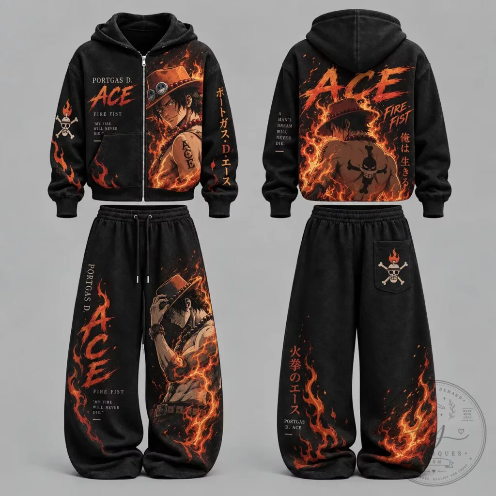 One Piece Portgas D. Ace Fire Fist Anime Zip-Up Hoodie and Pants Set One Piece Portgas D. Ace Fire Fist Anime Zip-Up Hoodie and Pants Set