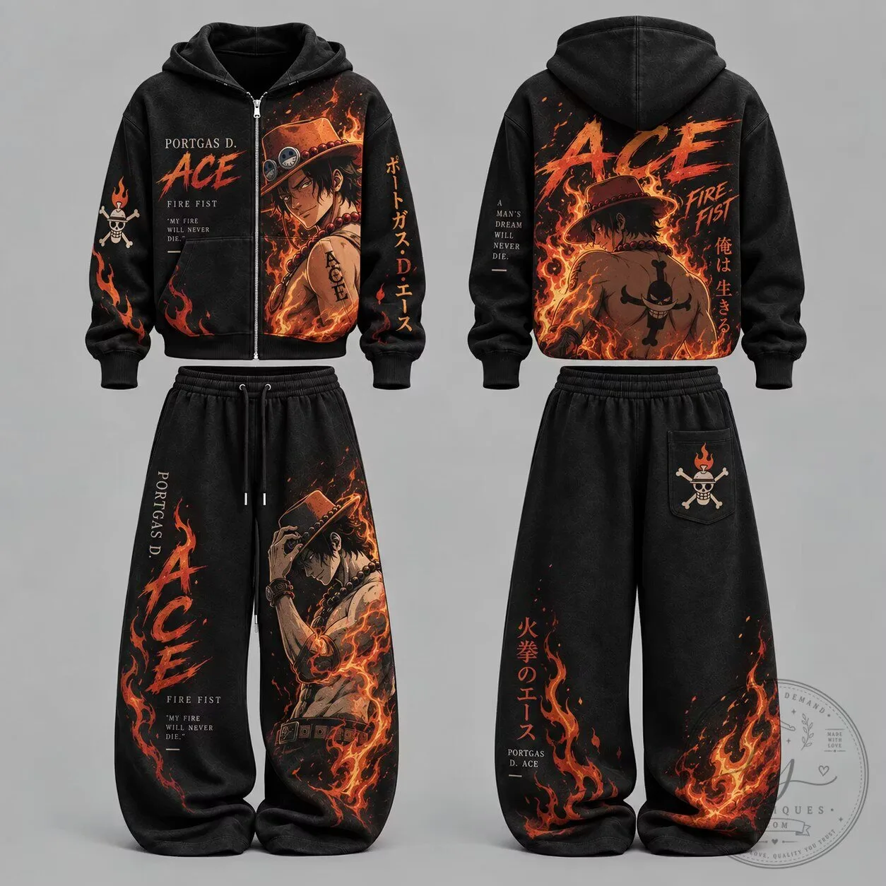 One Piece Portgas D. Ace Fire Fist Anime Zip-Up Hoodie and Pants Set