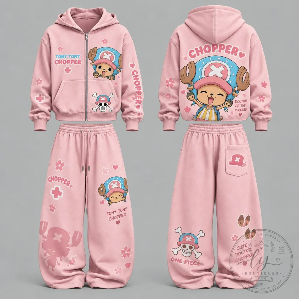 One Piece Tony Tony Chopper Pink Hoodie and Sweatpants Set One Piece Tony Tony Chopper Pink Hoodie and Sweatpants Set