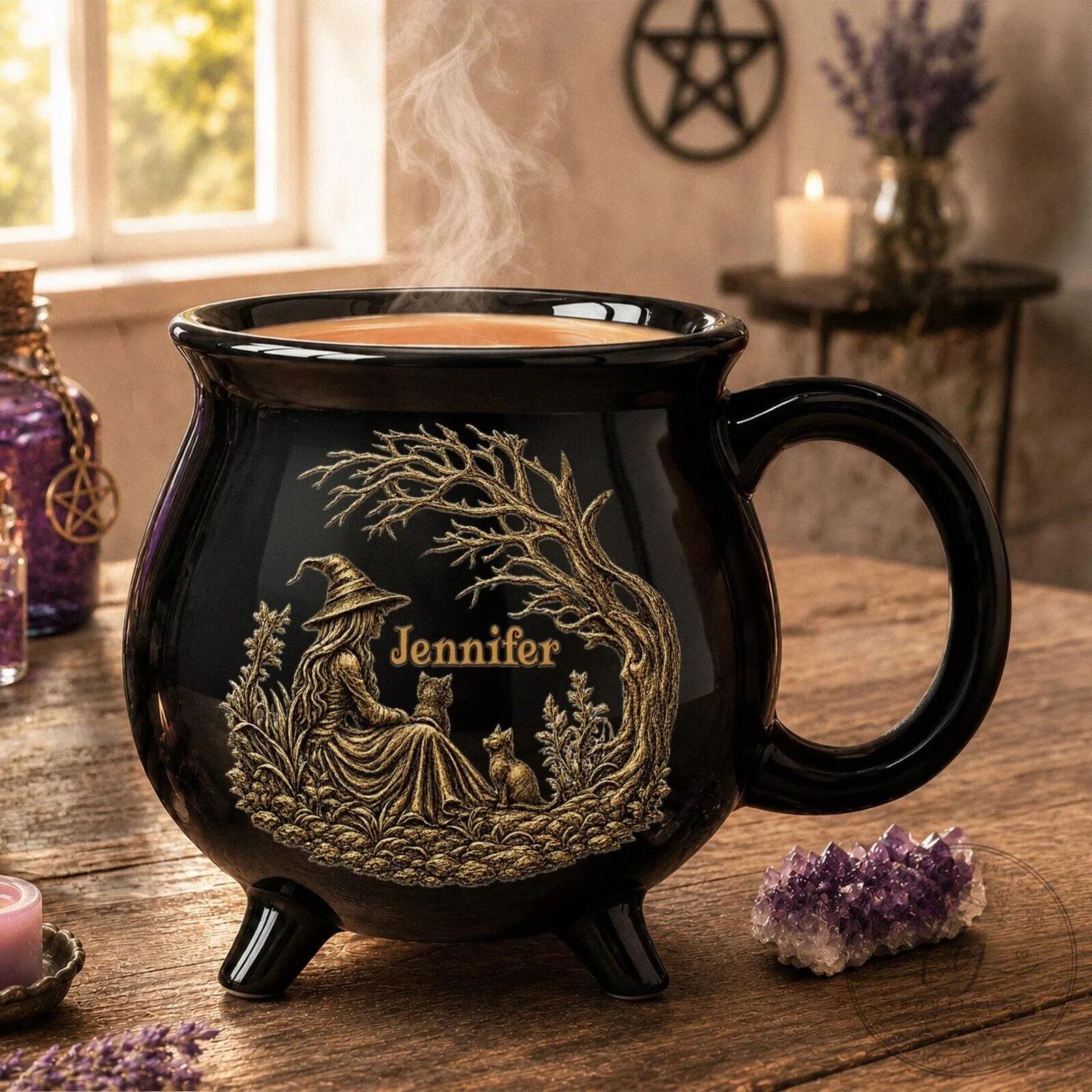 Personalized Witch and Cat Cauldron Mug, Halloween Witchcraft Coffee Cup Gift