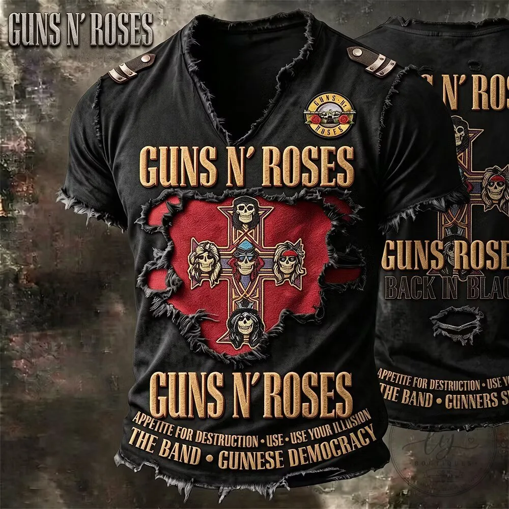 Guns N' Roses Vintage Rock Band Graphic Print Black V-Neck T-Shirt