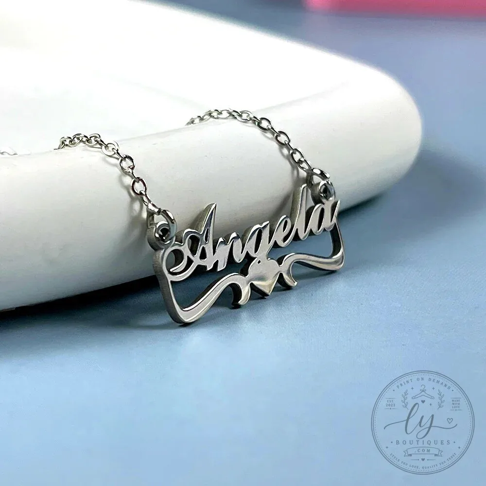 Personalized Angela Nameplate Necklace with Heart Charm 34 Personalized Angela Nameplate Necklace with Heart Charm