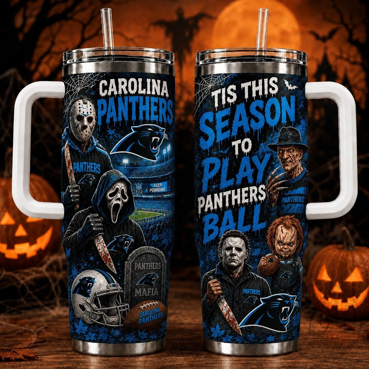 Carolina Panthers Halloween Horror Movie Characters Football Tumbler