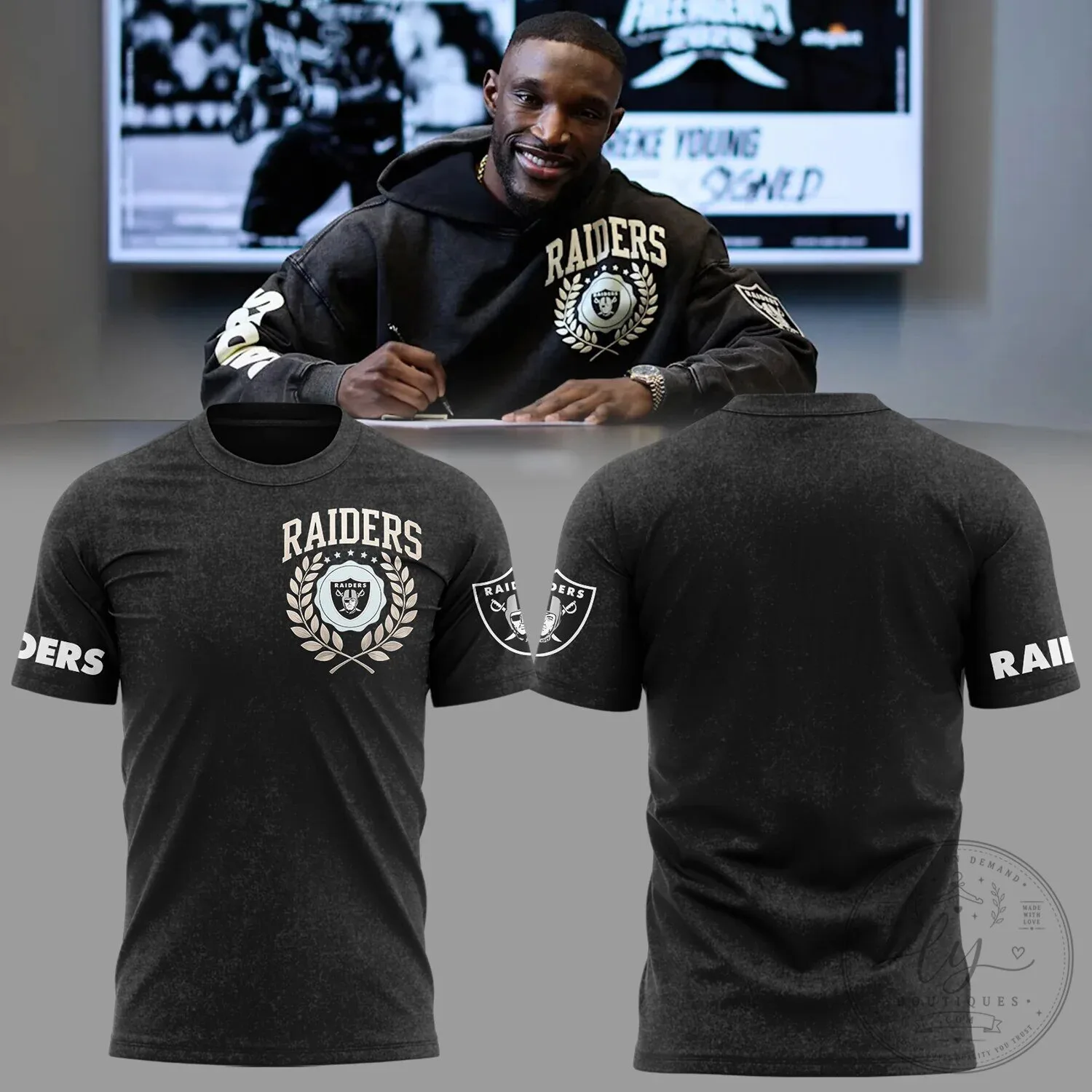 Raiders Football Dareke Young Signature Black Washed Short Sleeve T-Shirt