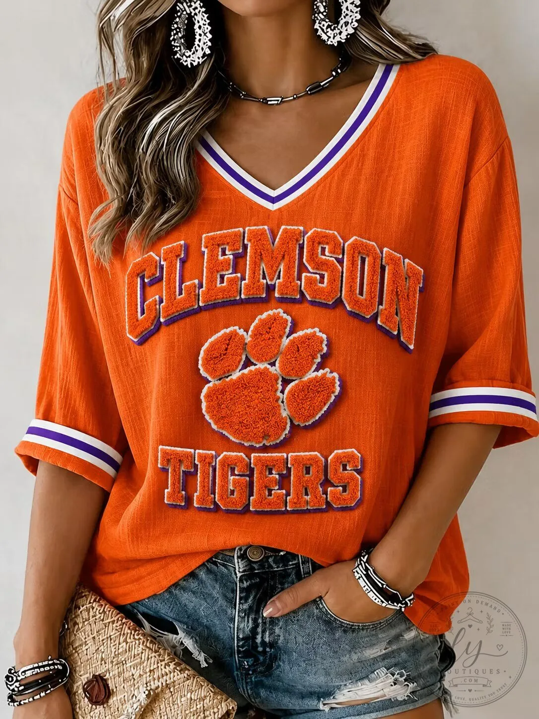 Clemson Tigers Football Team Orange V-Neck Short Sleeve T-Shirt