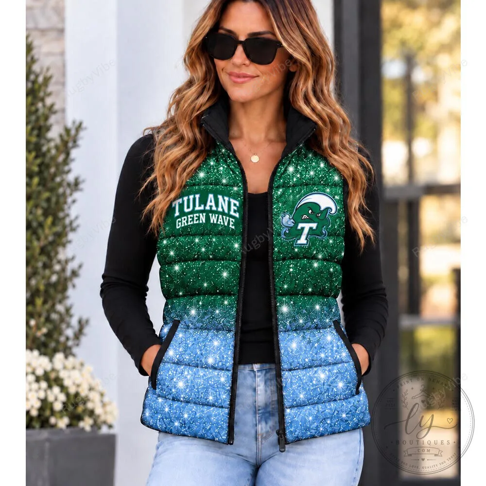 Tulane Green Wave Glitter Sparkle Ombre Puffer Vest