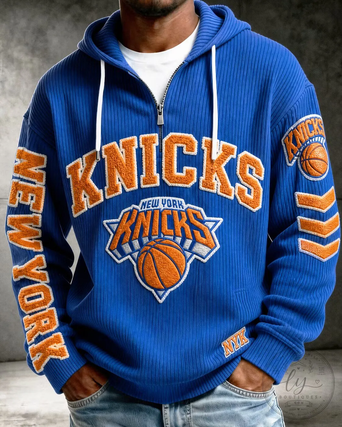 New York Knicks Basketball Team Blue Ribbed Hoodie with Zipper