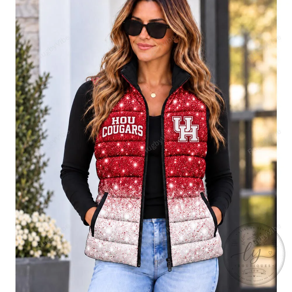 Houston Cougars Sparkle Red and White Puffer Vest