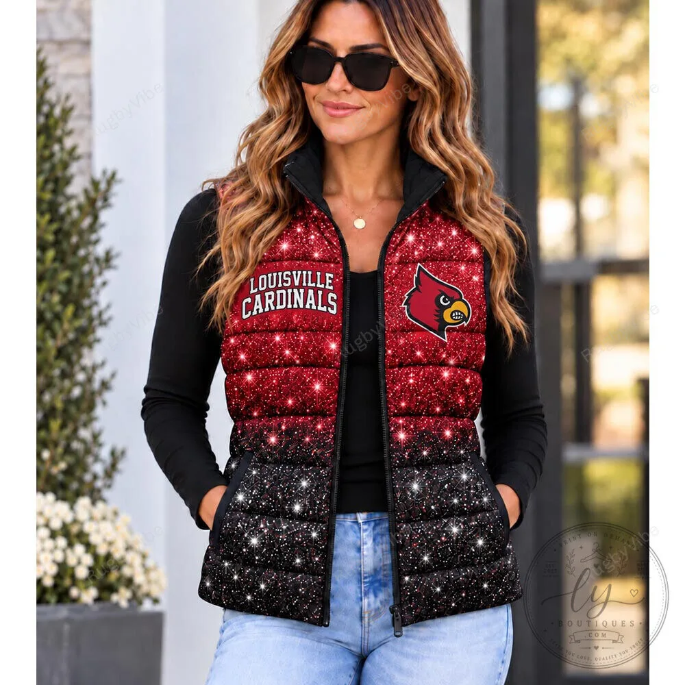 Louisville Cardinals Glitter Ombre Red Black Puffer Vest