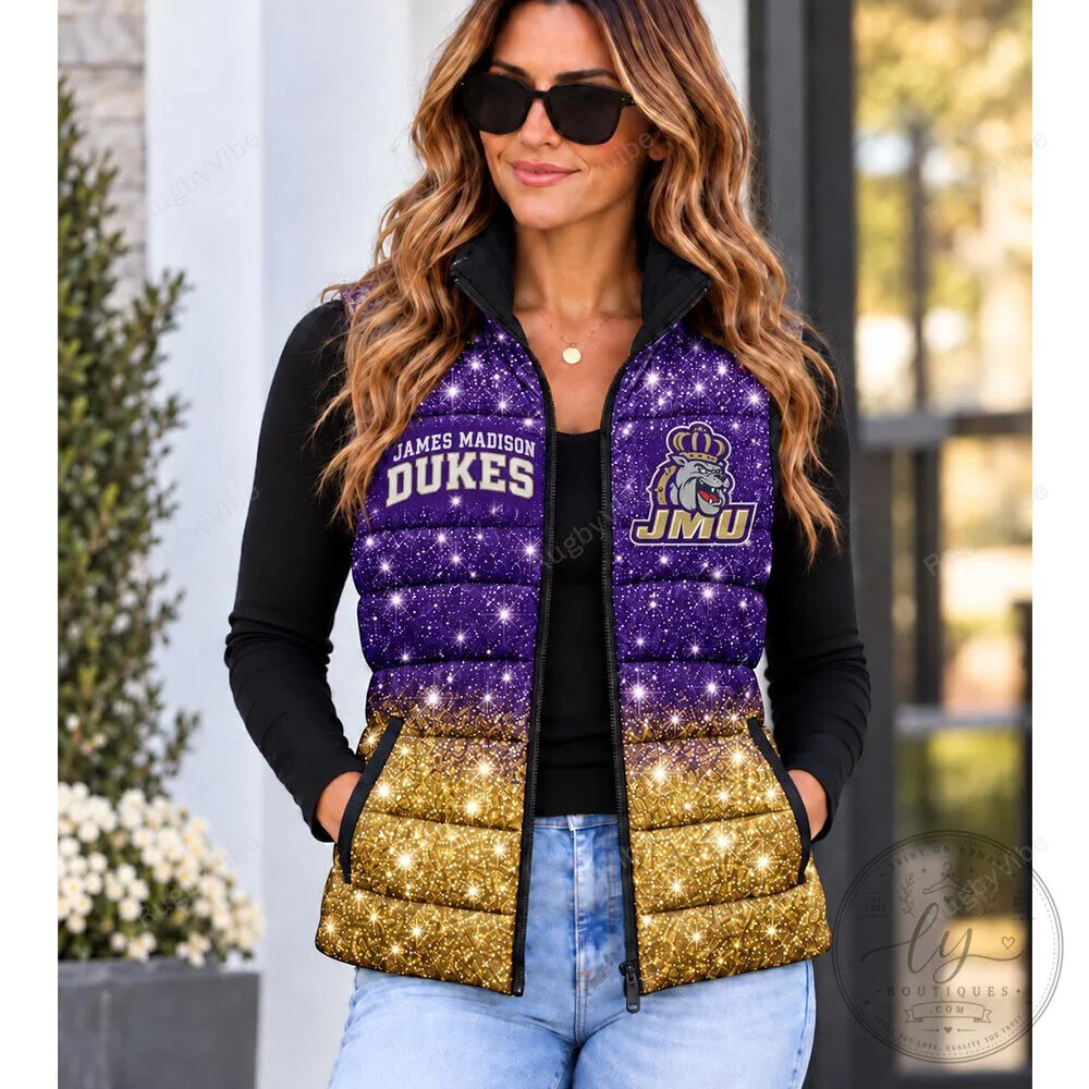 James Madison Dukes Glitter Print Purple Gold Puffer Vest 2 James Madison Dukes Glitter Print Purple Gold Puffer Vest