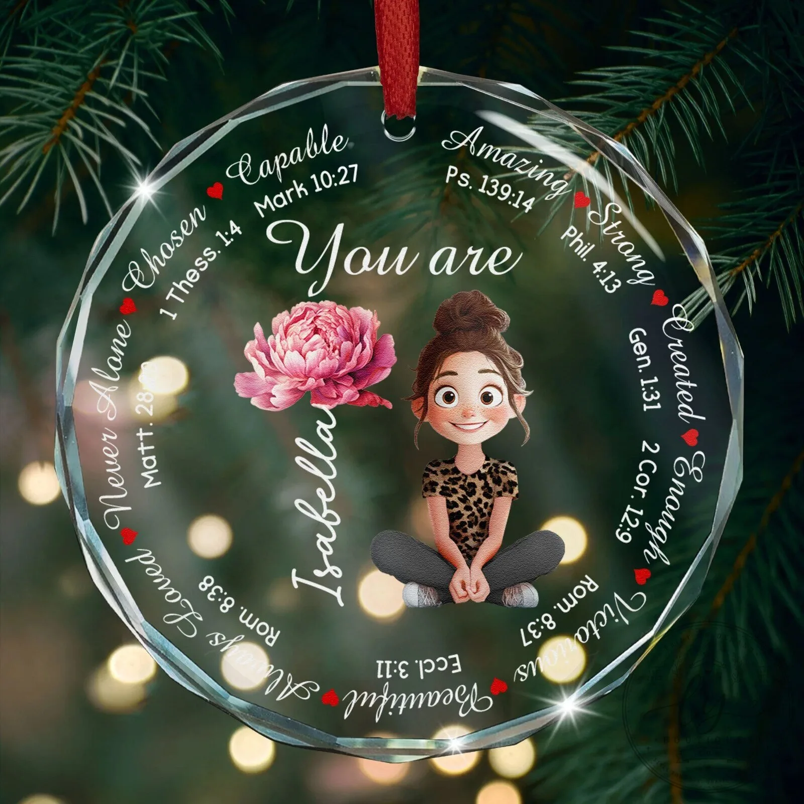 Personalized Inspirational Bible Verse Round Glass Ornament for Christmas