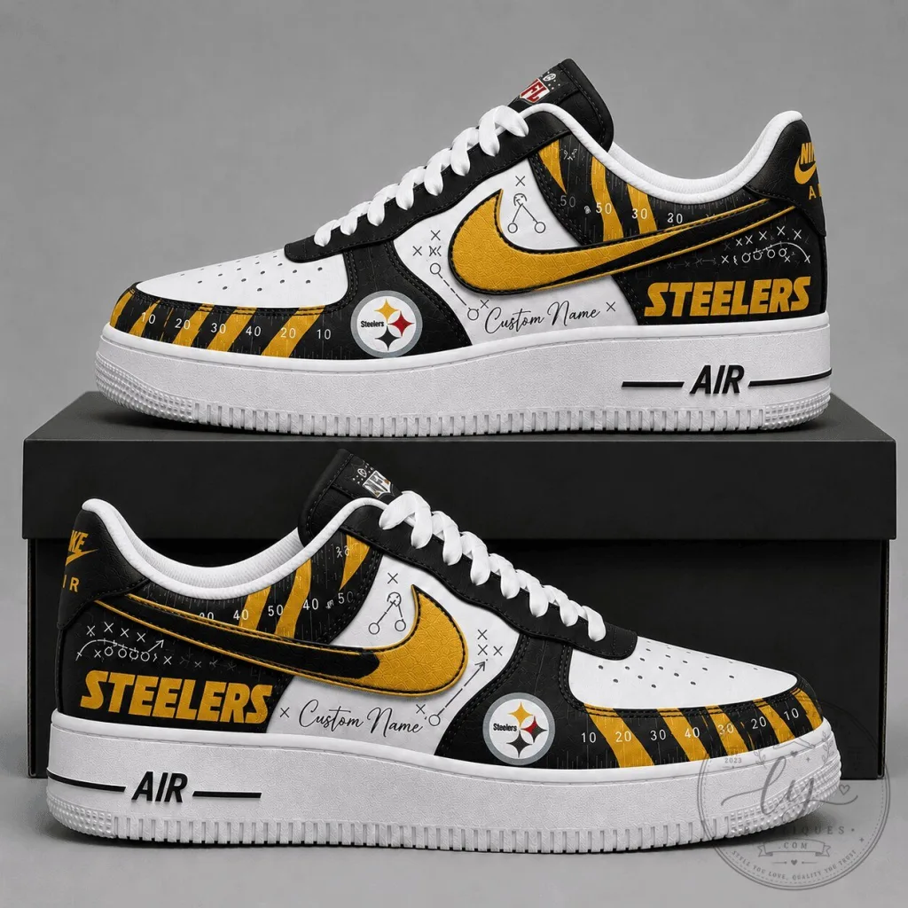 Pittsburgh Steelers Football Team Custom Name White Black Gold Sneakers Pittsburgh Steelers Football Team Custom Name White Black Gold Sneakers