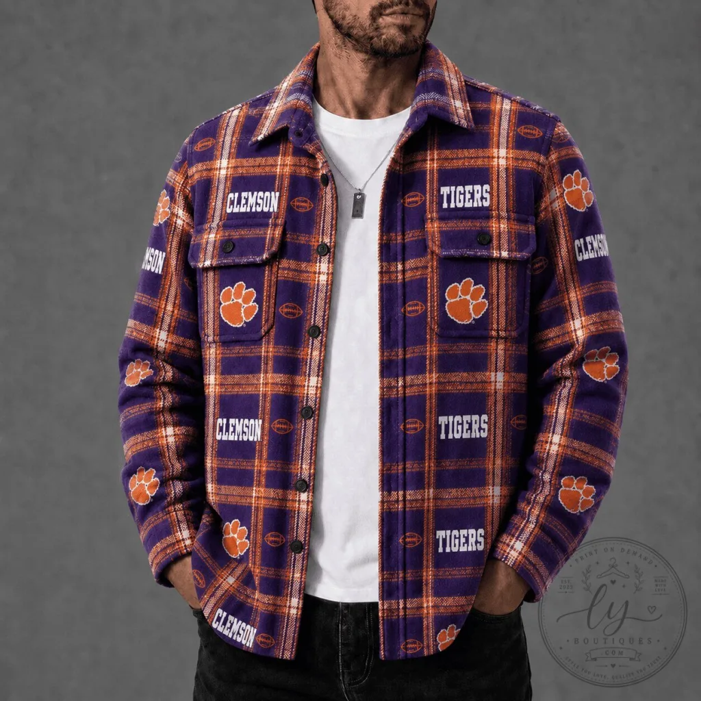 Clemson Tigers Football Team Plaid Flannel Button Down Shirt Clemson Tigers Football Team Plaid Flannel Button Down Shirt