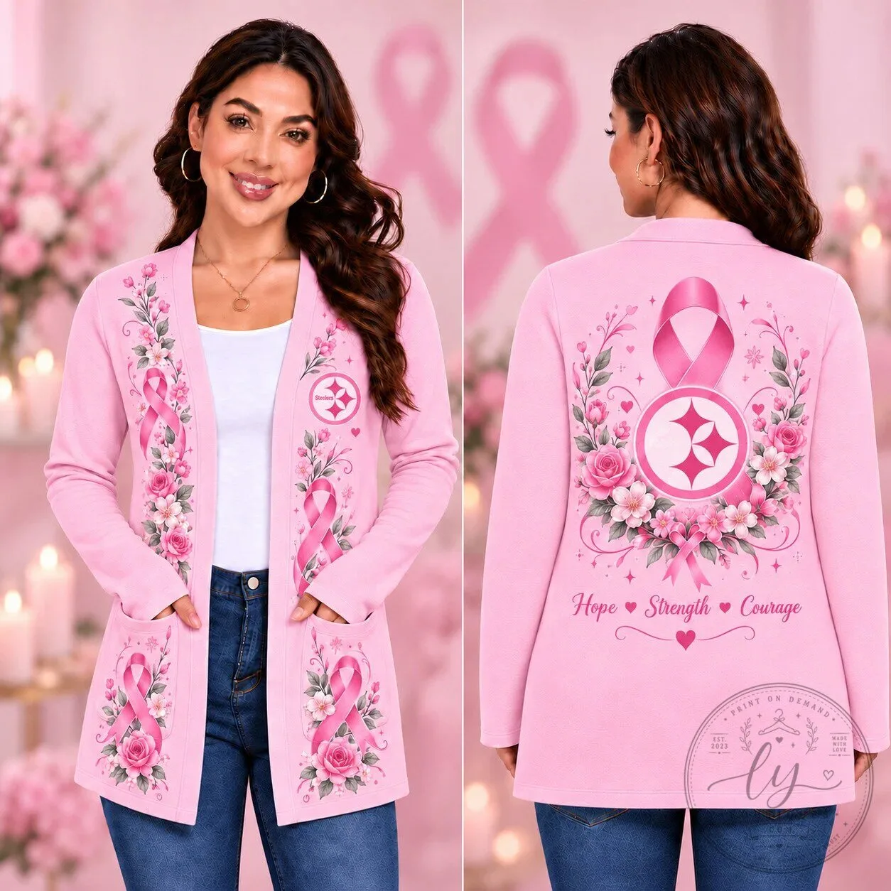 Pittsburgh Steelers Breast Cancer Awareness Pink Floral Cardigan Sweater