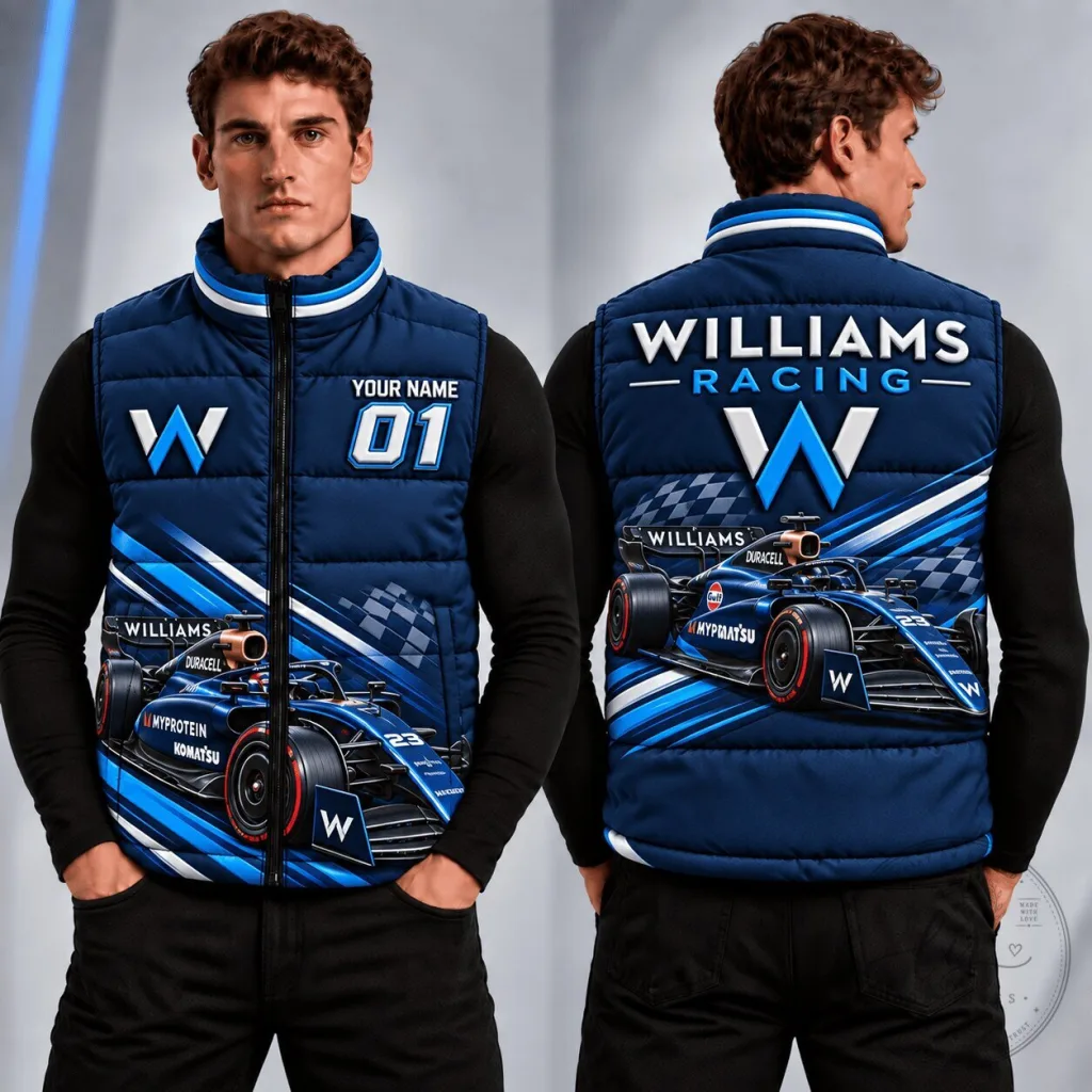 Williams Racing Formula 1 Team Custom Name Number Sleeveless Puffer Jacket Williams Racing Formula 1 Team Custom Name Number Sleeveless Puffer Jacket