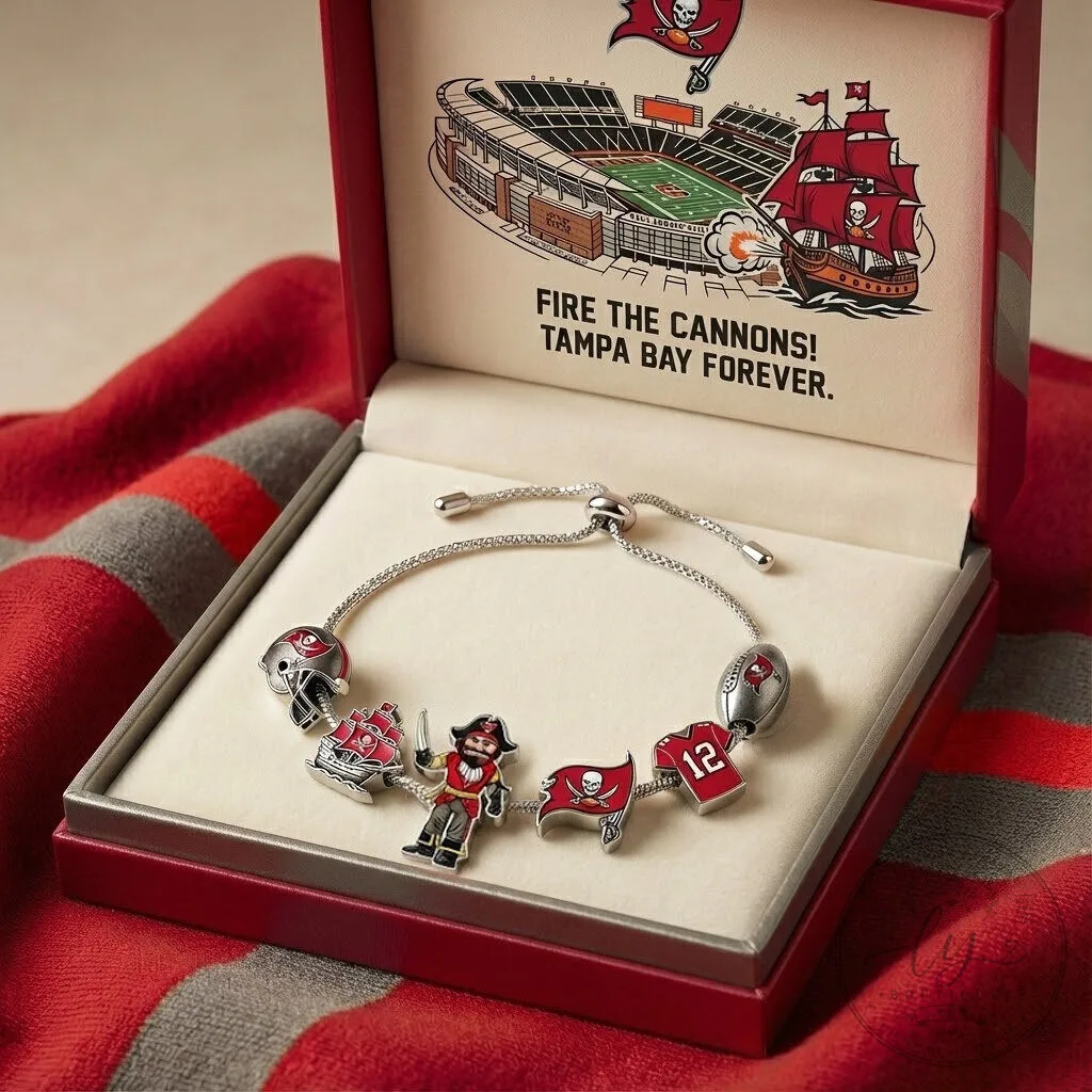 Tampa Bay Buccaneers Charm Bracelet, Adjustable Slider Chain, Football Team Jewelry